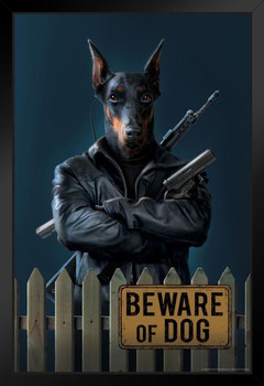 Beware of Dog Gangster Doberman Pinscher by Vincent Hie Fantasy Art Print Black Wood Framed Poster 14x20