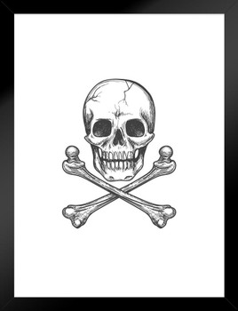 Skull Bones Crossbones Detailed Artistic Drawing Poster Black White Sketch Pirate Flag Motif Human Skeleton Death Matted Framed Art Wall Decor 20x26
