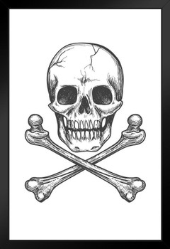 Skull Bones Crossbones Detailed Artistic Drawing Poster Black White Sketch Pirate Flag Motif Human Skeleton Death Black Wood Framed Art Poster 14x20