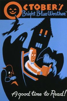 Laminated October Read Halloween Ghost Story Retro Vintage WPA Art Spooky Scary Halloween Decorations Poster Dry Erase Sign 12x18