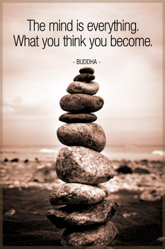 Laminated Buddha Balancing Rocks The Mind Is Everything Sepia Poster Dry Erase Wall Art 24x36
