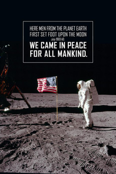 Laminated We Came In Peace For All Mankind Astronaut With Flag on The Moon Landing Poster Dry Erase Sign 24x36