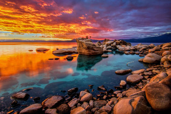 Laminated Stunning Lake Tahoe Rocky Shore Colorful Sunset Photo Beach Palm Landscape Pictures Ocean Scenic Scenery Tropical Nature Photography Paradise Scenes Poster Dry Erase Sign 36x24