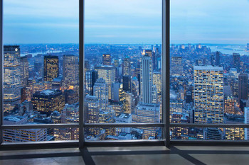 Laminated New York City Skyline Through Window at Dusk Photo Art Print Poster Dry Erase Sign 24x36