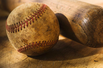 Laminated Antique Baseball with Baseball Bat Photo Art Print Poster Dry Erase Wall Art 36x24