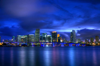 Laminated Miami Florida Skyline Illuminated at Night Reflecting on Watefront Photo Art Print Poster Dry Erase Sign 36x24