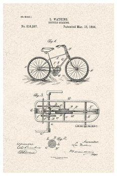 Laminated Bicycle Gearing Official Patent Diagram Cool Wall Art Poster Dry Erase Sign 24x36