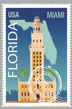 Laminated Miami Florida Freedom Tower Vintage Travel Stamp Art Print Poster Dry Erase Sign 24x36