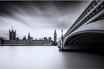 Laminated Westminster Bridge Big Ben Palace of Westminster B&W Still Photo Photograph Poster Dry Erase Wall Art 36x24
