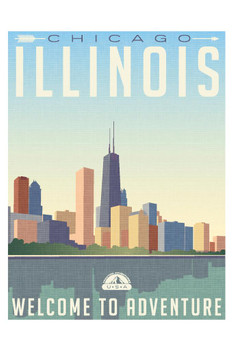 Laminated vintage style travel Cool Wall Art Poster Dry Erase Wall Art or luggage sticker of chicago Illinois skyline Poster 24x36