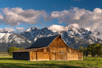 Laminated Rural Wooden Barn Below Grand Teton Mountains Photo Photograph Poster Dry Erase Sign 36x24