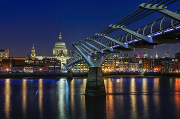 Laminated Looking at St Pauls Cathedral Millennium Bridge Blue Hour London Photo Photograph Poster Dry Erase Wall Art 36x24