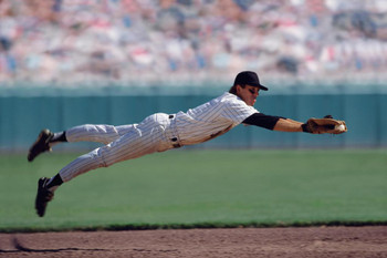 Laminated Baseball Player Diving to Catch Ball in Stadium Photo Photograph Poster Dry Erase Wall Art 36x24