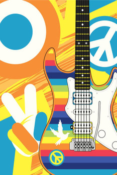 Laminated Rainbow Stripe Hippie Guitar Art Print Poster Dry Erase Sign 24x36