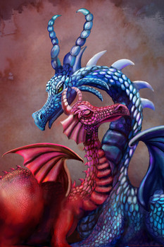 Blue Red Cuddling Dragons in Cave by Rose Khan Fantasy PosterDragon Love Couple Cool Wall Art Print Poster 12x18
