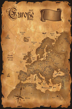 Laminated Europe Vintage Antique Style Map Travel World Map with Cities in Detail Map Posters for Wall Map Art Wall Decor Geographical Illustration Travel Destinations Poster Dry Erase Wall Art 24x36