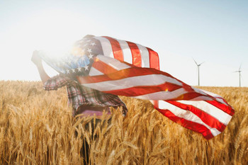 Laminated Girl Running with American Flag in Wheat Field Photo Photograph Poster Dry Erase Wall Art 36x24