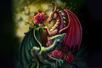 Summer Roses Dragon Pair by Rose Khan Cool Wall Art Print Poster 12x18