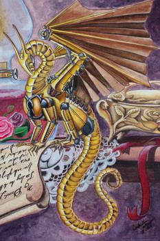Laminated The Locket Gold Robot Dragon by Carla Morrow Fantasy Poster Dry Erase Wall Art 12x18