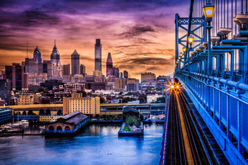 Laminated Sunset in Philadelphia from Ben Franklin Bridge Photo Photograph Poster Dry Erase Wall Art 36x24