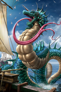 Laminated Leviathan Sea Monster Dragon by Tom Wood Fantasy Poster Attacking Ocean Ship Kraken Poster Dry Erase Sign 24x36