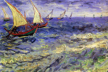 Laminated Vincent Van Gogh Boats at Sea Saintes Maries de la Mer Impressionist Landscape Poster Dry Erase Wall Art 36x24