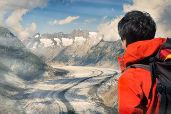 Laminated Lone Climber Looking over Aletsch Glacier Photo Photograph Poster Dry Erase Sign 36x24