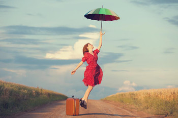 Laminated Redhead Girl in Red Dress with Umbrella and Suitcase Photo Photograph Poster Dry Erase Wall Art 36x24