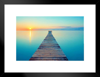 Peaceful Footbridge Long Pier Dock Over Water at Sunrise Photo Beach Sunset Palm Landscape Pictures Ocean Scenic Scenery Tropical Nature Photography Paradise Matted Framed Art Wall Decor 20x26