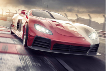 Laminated Sports Car Close Up Driving Fast On Racetrack At Sunset Photo Photograph Poster Dry Erase Wall Art 36x24