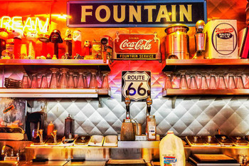 Laminated Route 66 Diner Soda Classic Fountain Vintage Photo Poster Dry Erase Sign 36x24