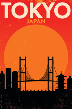 Laminated Tokyo Japan City Skyline Bridge Buildings Tourism Vintage Travel Poster Dry Erase Wall Art 24x36