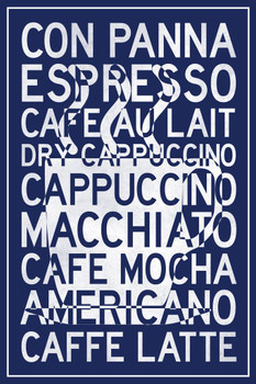 Laminated Types Of Coffee Cup Blue Poster Dry Erase Sign 24x36