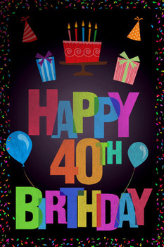 Laminated Happy 40th Birthday Party Decoration Dark Poster Dry Erase Sign 24x36