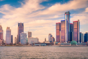 Laminated Detroit Michigan Skyline Buildings On River Photo Poster Dry Erase Wall Art 36x24