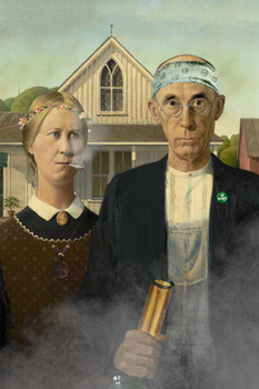 Laminated American POThic Marijuana Pot Weed Smoking Parody Funny Gothic Art Cannabis Room Dope Gifts Guys Propaganda Stoner Reefer Stoned Buds Pothead Dorm Walls Poster Dry Erase Wall Art 24x36