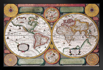 Antique World Map Globe Breusing Geometric Two Hemisphere Projection dated 1646 La Terre Universelle Monde French Language Cool Wall Decor Art Print Black Wood Framed Poster 14x20