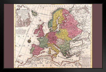 Antique World Map of Europe Latin Text Europa England Great Britain France Germany Italy Scandanavia Cool Wall Decor Art Print Black Wood Framed Poster 14x20