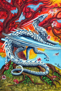 Laminated First Breath of Winter Blue Ice Dragon by Carla Morrow Fantasy Poster Under Flaming Red Tree Poster Dry Erase Sign 24x36