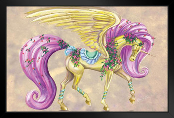 Yellow Pegasus Carousel Horse Unicorn with Flowers by Rose Khan Cool Wall Decor Art Print Black Wood Framed Poster 14x20