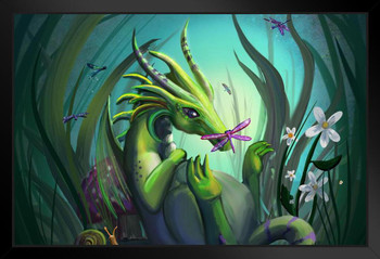 Baby Green Dragon Garden by Rose Khan Cool Wall Decor Art Print Black Wood Framed Poster 14x20