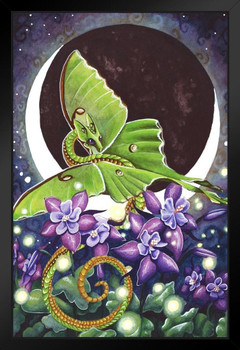 Luna Lights Dragon Green Moth by Carla Morrow Fantasy Cool Wall Decor Art Print Black Wood Framed Poster 14x20