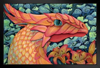 Summers Peaceful Repose by Carla Morrow Orange Dragon Face Portrait Fantasy Cool Wall Decor Art Print Black Wood Framed Poster 14x20