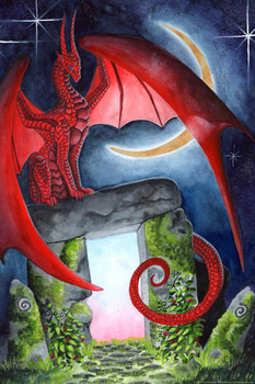 Laminated Watcher at the Morning Gate by Carla Morrow Red Dragon Stone Moon Fantasy Poster Dry Erase Sign 24x36