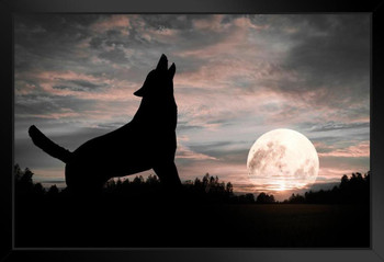 Lone Wolf Silhouette Howling At Moon Dramatic Wolf Posters For Walls Posters Wolves Print Posters Art Wolf Wall Decor Nature Posters Wolf Decorations for Bedroom Black Wood Framed Art Poster 14x20