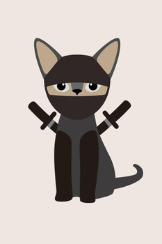 Ninja Cat Cute Funny Hooded Feline Warrior Black Camouflage Outfit with Swords Cool Wall Decor Art Print Poster 24x36