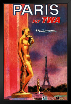 Visit France Paris Fly TWA Eiffel Tower Vintage Illustration Travel Cool Wall Decor Art Print Black Wood Framed Poster 14x20