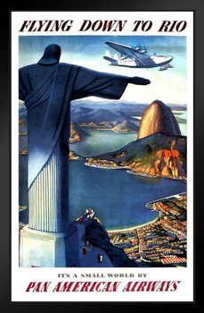 Visit Brazil Flying Down to Rio Small World Pan American Airways Christ the Redeemer Statue Vintage Illustration Travel Cool Wall Decor Art Print Black Wood Framed Poster 14x20