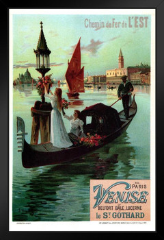 Visit Italy Venise Venice Chemin de Fer Gondola Canal Festival Vintage Illustration Travel Cool Wall Decor Art Print Black Wood Framed Poster 14x20