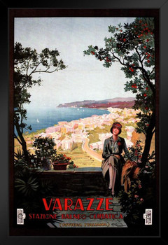 Italy Varazze Visit Historic Town Tourism Vintage Illustration Travel Cool Wall Decor Art Print Black Wood Framed Poster 14x20